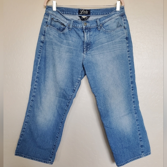 VTG Y2K Lucky Brand Dunagrees Blue Denim Cropped Jeans Women's Size 12/31 - Picture 1 of 9